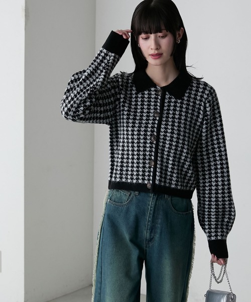 forksy.(フォルクシー)の「【forksy.】千鳥柄ジャガード編みニットポロカーディガン(カーディガン/ボレロ・レディース・ネイビー/ブラック/グリーン・FREE)」の6枚目の写真