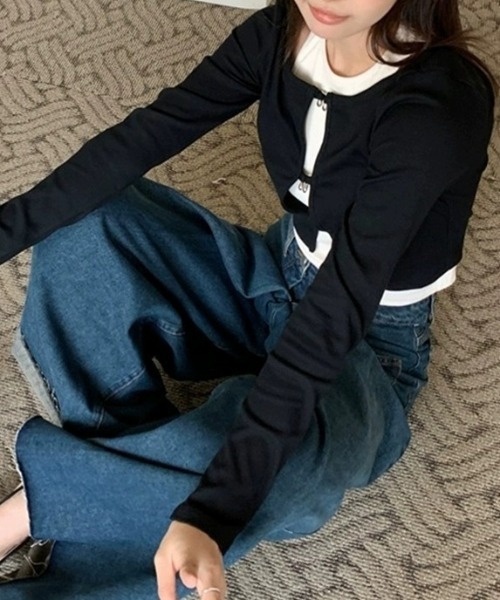 Vipoa(ヴィポア)の「タンクトップ付き ショート丈カーディガン(Tシャツ/カットソー・レディース・ブラック/グリーン・FREE)」の9枚目の写真