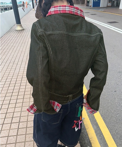 LYEON（リヨン）の「チェック襟ジップアップデニムジャケット/ブルゾン（ブルゾン・レディース・ブラック・FREE）」の3枚目の写真