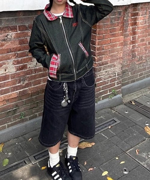 LYEON（リヨン）の「チェック襟ジップアップデニムジャケット/ブルゾン（ブルゾン・レディース・ブラック・FREE）」の4枚目の写真