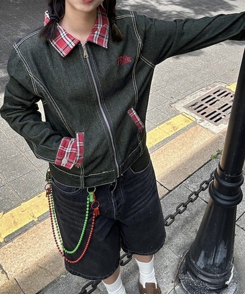 LYEON（リヨン）の「チェック襟ジップアップデニムジャケット/ブルゾン（ブルゾン・レディース・ブラック・FREE）」の5枚目の写真