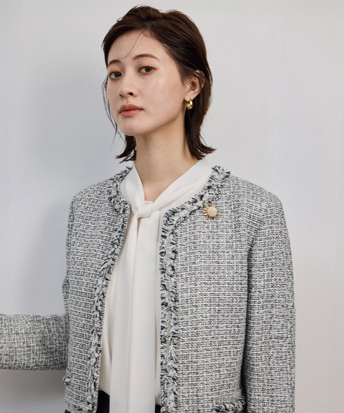 ミックスツイードノーカラージャケット（ノーカラージャケット）｜ROPE