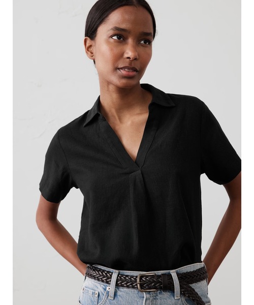 00s Banana Republic リネン オープンカラーシャツ 短丈 開襟 00s Banana Republic リネン オープンカラーシャツ 短丈 開襟