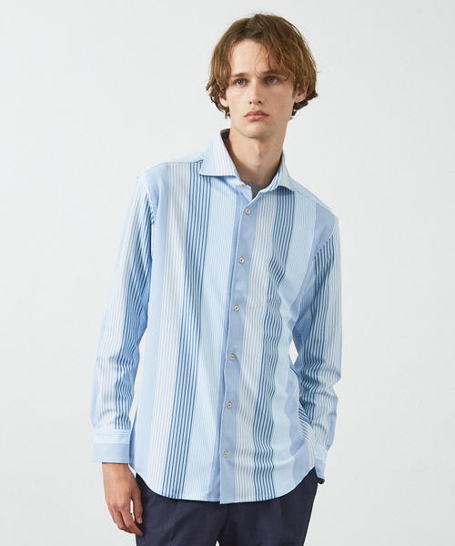 ABAHOUSE（アバハウス）の「【FLEX SHIRTS】360°ストレッチ パッチワークストライプシャツ / 長袖シャツ（シャツ/ブラウス・メンズ・ブルー/ライトグレー・46/50/44/48）」の2枚目の写真