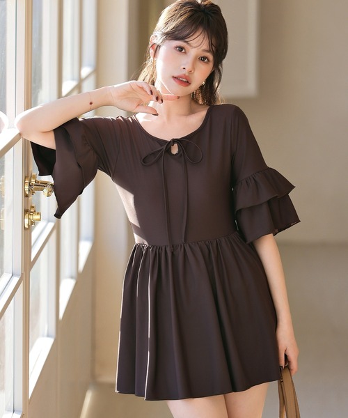 TeddyShop(テディショップ)の「【大きいサイズ有】レディース水着 ティアード フリル ワンピース風 バックボタン オールインワン スイムウェア(水着・レディース・ブラック/ダークブラウン・S/L/M/LL)」の2枚目の写真