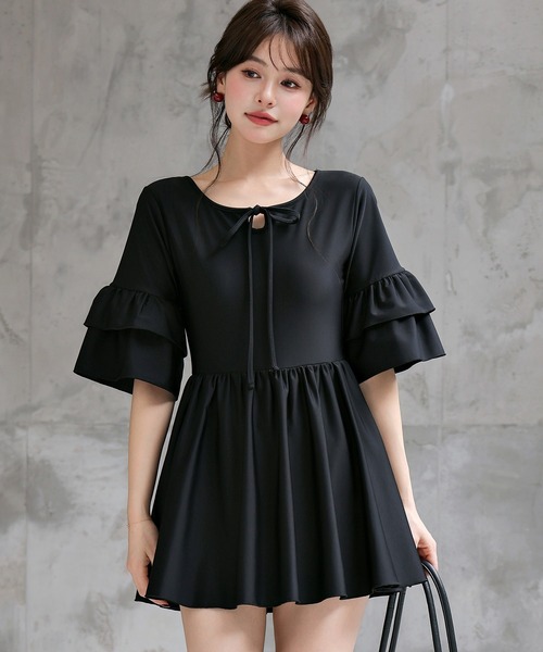 TeddyShop(テディショップ)の「【大きいサイズ有】レディース水着 ティアード フリル ワンピース風 バックボタン オールインワン スイムウェア(水着・レディース・ブラック/ダークブラウン・S/L/M/LL)」の1枚目の写真