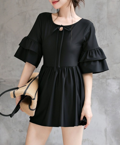 TeddyShop(テディショップ)の「【大きいサイズ有】レディース水着 ティアード フリル ワンピース風 バックボタン オールインワン スイムウェア(水着・レディース・ブラック/ダークブラウン・S/L/M/LL)」の14枚目の写真