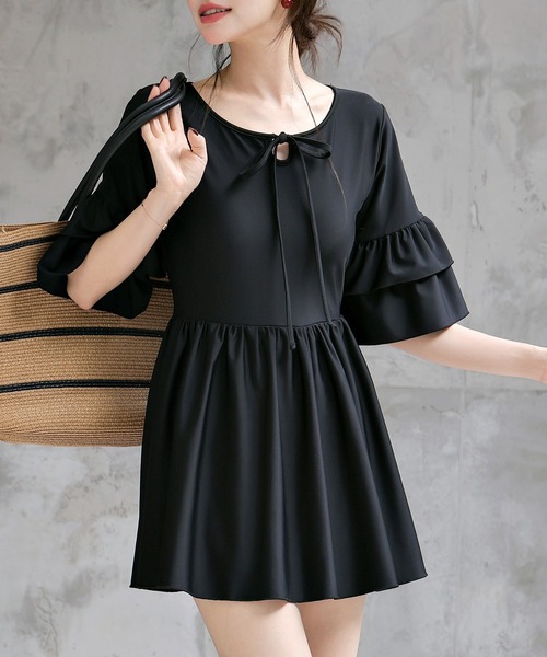 TeddyShop(テディショップ)の「【大きいサイズ有】レディース水着 ティアード フリル ワンピース風 バックボタン オールインワン スイムウェア(水着・レディース・ブラック/ダークブラウン・S/L/M/LL)」の15枚目の写真