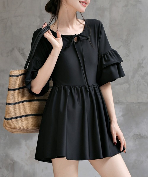 TeddyShop(テディショップ)の「【大きいサイズ有】レディース水着 ティアード フリル ワンピース風 バックボタン オールインワン スイムウェア(水着・レディース・ブラック/ダークブラウン・S/L/M/LL)」の8枚目の写真