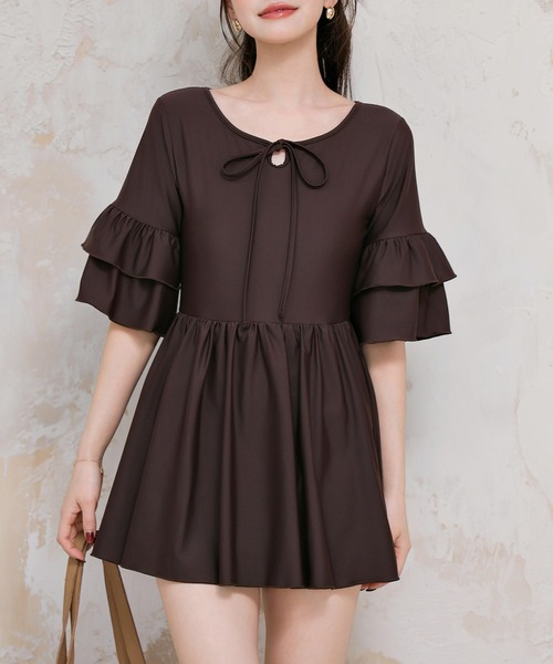 TeddyShop(テディショップ)の「【大きいサイズ有】レディース水着 ティアード フリル ワンピース風 バックボタン オールインワン スイムウェア(水着・レディース・ブラック/ダークブラウン・S/L/M/LL)」の5枚目の写真