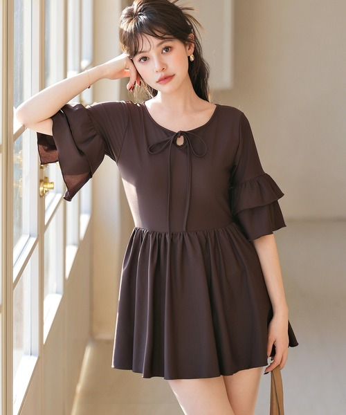 TeddyShop(テディショップ)の「【大きいサイズ有】レディース水着 ティアード フリル ワンピース風 バックボタン オールインワン スイムウェア(水着・レディース・ブラック/ダークブラウン・S/L/M/LL)」の12枚目の写真