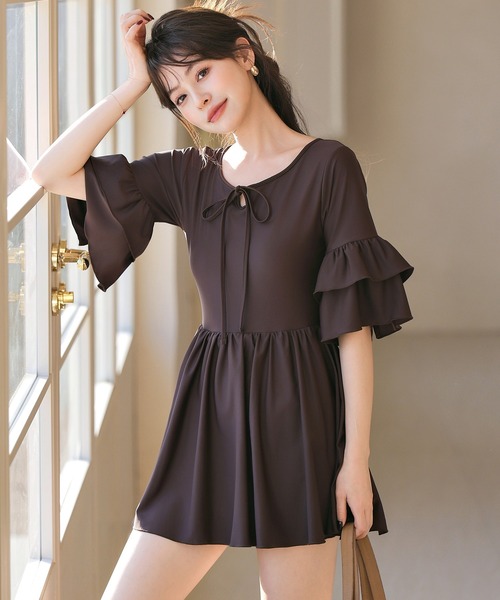 TeddyShop(テディショップ)の「【大きいサイズ有】レディース水着 ティアード フリル ワンピース風 バックボタン オールインワン スイムウェア(水着・レディース・ブラック/ダークブラウン・S/L/M/LL)」の13枚目の写真