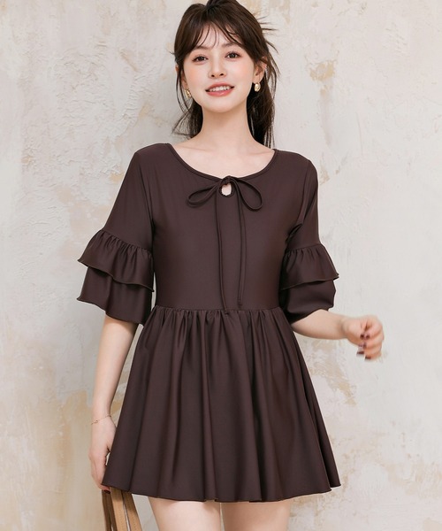 TeddyShop(テディショップ)の「【大きいサイズ有】レディース水着 ティアード フリル ワンピース風 バックボタン オールインワン スイムウェア(水着・レディース・ブラック/ダークブラウン・S/L/M/LL)」の17枚目の写真