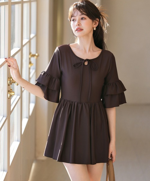 TeddyShop(テディショップ)の「【大きいサイズ有】レディース水着 ティアード フリル ワンピース風 バックボタン オールインワン スイムウェア(水着・レディース・ブラック/ダークブラウン・S/L/M/LL)」の18枚目の写真