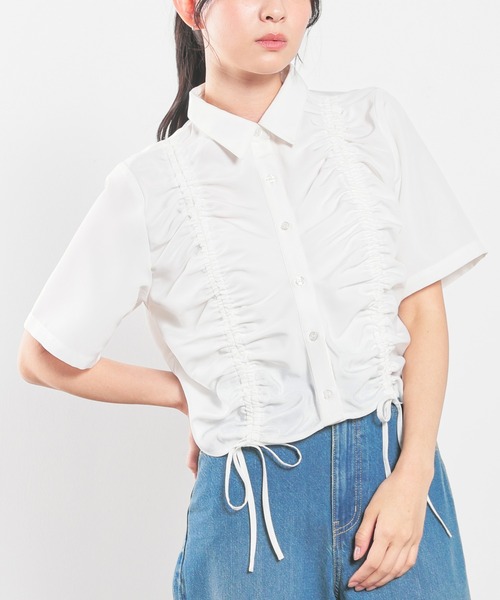 ブラウス シャツ ストレッチドロストショートシャツ レディース Honeys ブラウス シャツ ドロストショート丈シャツ レディース