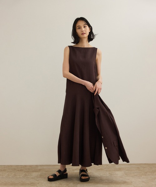 ROPE'（ロペ）の「レーヨンリネン スラッシュドネックワンピース【セットジャケット対応】（ワンピース・レディース・ブラウン/ネイビー/イエロー・36/38）」の5枚目の写真