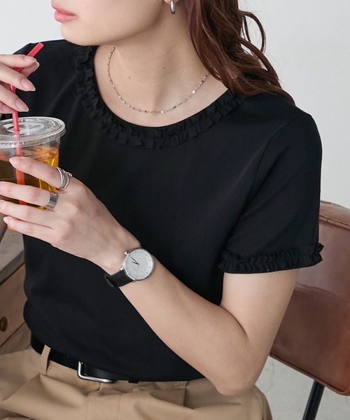 BONLECILL(ボンルシール)の「フリルTEE(Tシャツ/カットソー・レディース・オフホワイト/ブラック/ネイビー/オートミール・FREE)」の2枚目の写真
