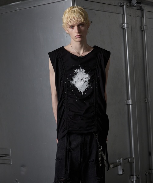 GRANCY】Shirring Design Rhinestone Graphic Sleeveless Tshirt