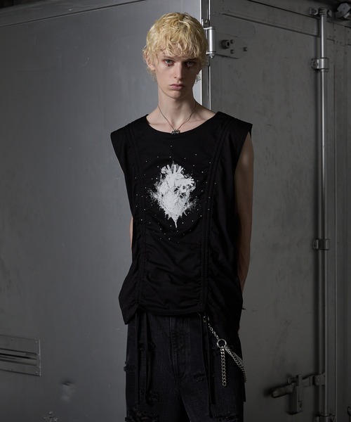 GRANCY シャーリングデザインラインストーングラフィックノースリーブT S GRANCY】Shirring Design Rhinestone Graphic Sleeveless Tshirt
