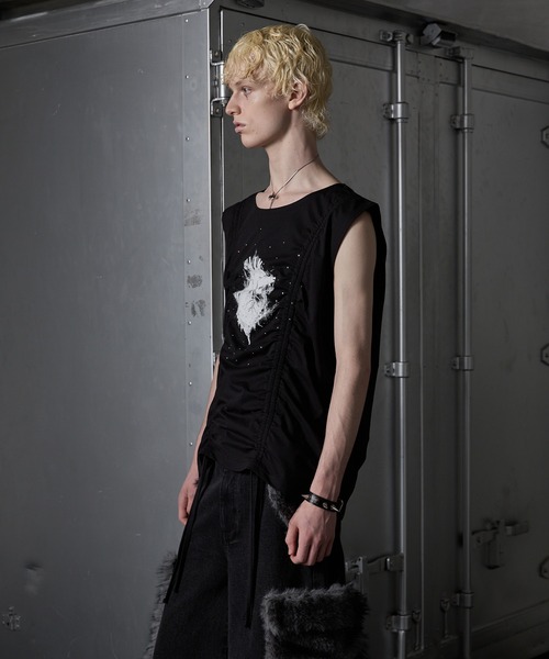 GRANCY】Shirring Design Rhinestone Graphic Sleeveless Tshirt