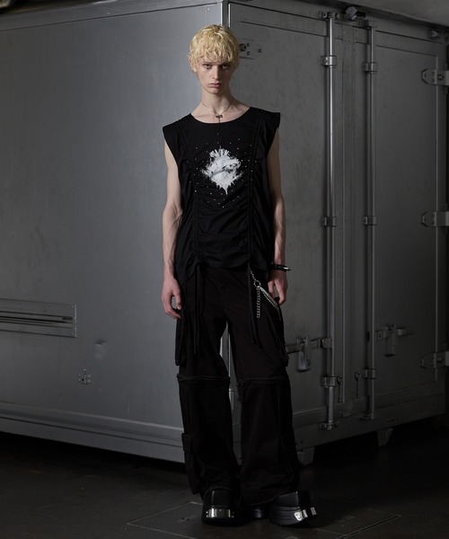 GRANCYシャーリングデザインラインストーングラフィックノースリーブT GRANCY】Shirring Design Rhinestone Graphic Sleeveless Tshirt