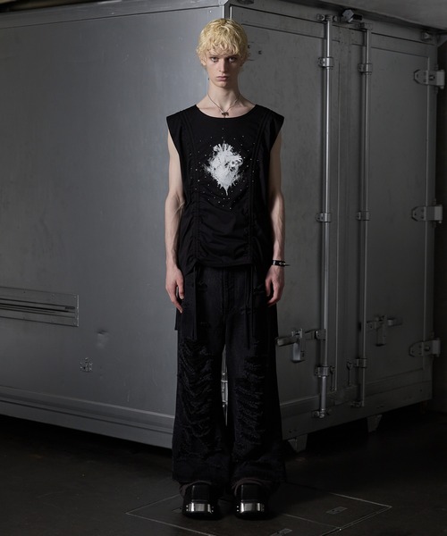 GRANCY】Shirring Design Rhinestone Graphic Sleeveless Tshirt