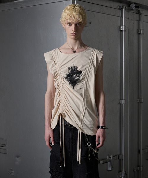FENDI Jeans ラインストーン フリンジトップ ノースリーブ GRANCY】Shirring Design Rhinestone Graphic Sleeveless Tshirt
