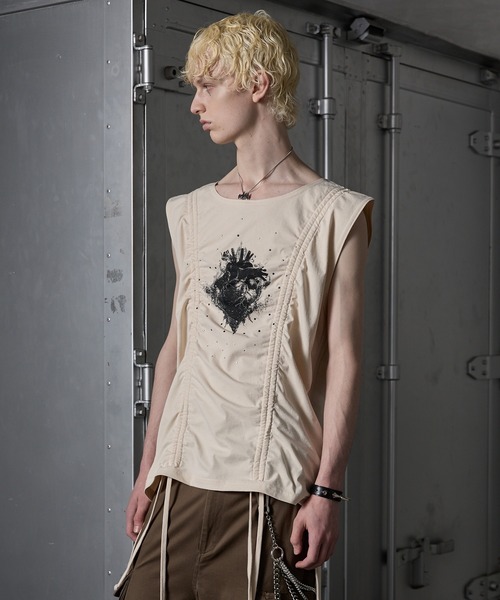 GRANCY】Shirring Design Rhinestone Graphic Sleeveless Tshirt