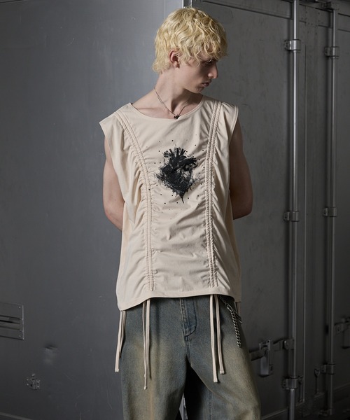 レビュー高評価の商品 GRANCY】Shirring Design Rhinestone Graphic Sleeveless Tshirt ウェア