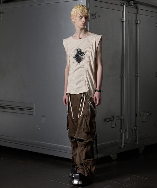 GRANCY】Shirring Design Rhinestone Graphic Sleeveless Tshirt