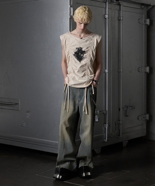 GRANCY】Shirring Design Rhinestone Graphic Sleeveless Tshirt
