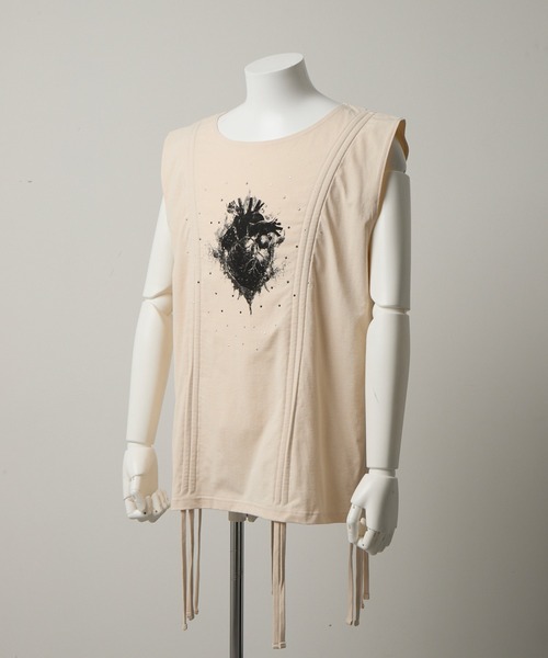 GRANCY】Shirring Design Rhinestone Graphic Sleeveless Tshirt
