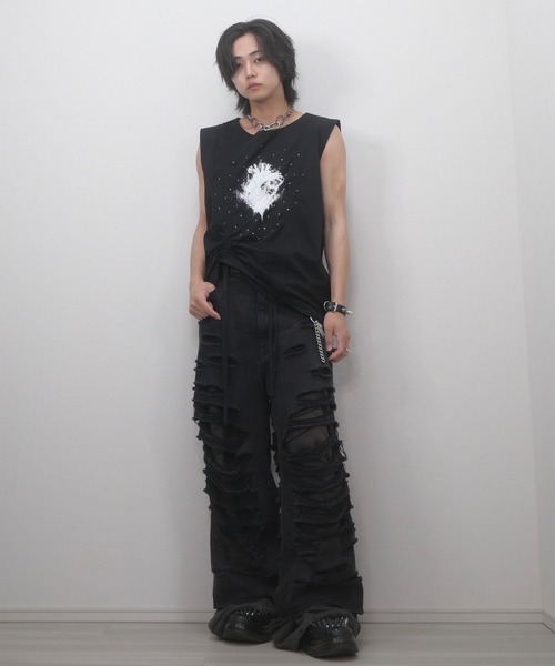 [GRANCY] シャーリングデザインラインストーングラフィックノースリーブT GRANCY】Shirring Design Rhinestone Graphic Sleeveless Tshirt