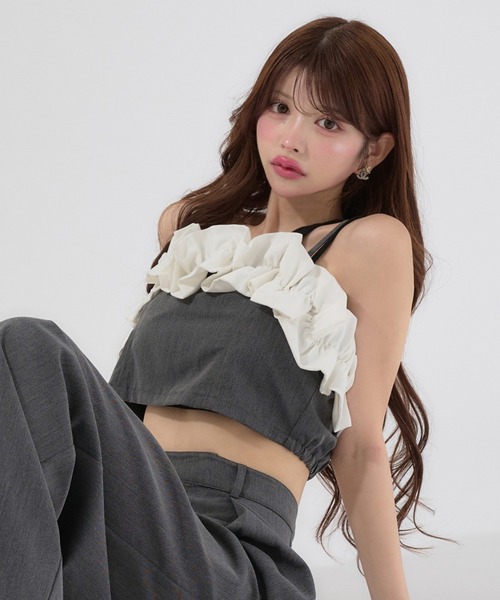 Ambre Neige（アンブルネージュ）の「bi-color frill bustier / 配色フリルビスチェ（Tシャツ/カットソー・レディース・グレー/ライトブラウン・FREE）」の2枚目の写真