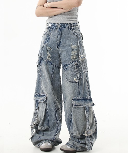 セール】ダメージ加工オーバーサイズカーゴデニムパンツ（デニムパンツ