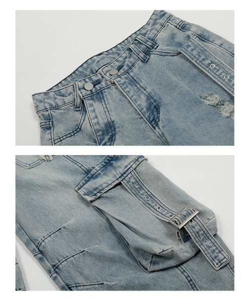 mushwear（マッシュウェア）の「ダメージ加工オーバーサイズカーゴデニムパンツ（デニムパンツ・メンズ・ブルー/ブラック・X-LARGE/LARGE/SMALL/MEDIUM）」の3枚目の写真