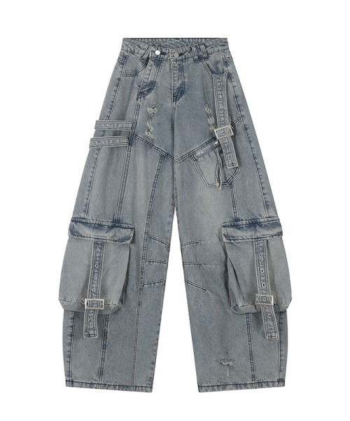 セール】ダメージ加工オーバーサイズカーゴデニムパンツ（デニムパンツ