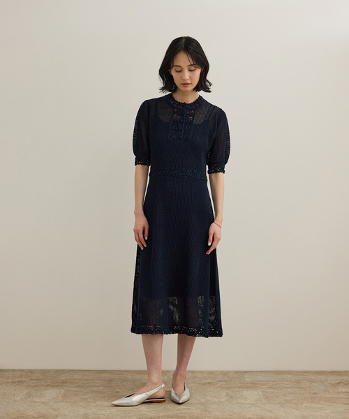 ROPE'（ロペ）の「クロシェニットワンピース/洗える（ワンピース・レディース・ホワイト/ネイビー・FREE）」の5枚目の写真