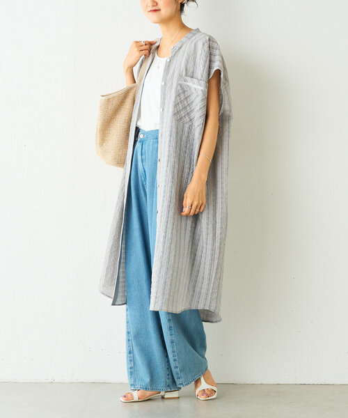 美品✨ビアズリー シアーランダムチェックワンピ グレー ゆったり 25SS BEARDSLEY（ビアズリー）の「シアーランダムチェックシャツワンピ