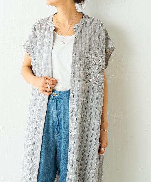 美品✨ビアズリー シアーランダムチェックワンピ グレー ゆったり 25SS BEARDSLEY（ビアズリー）の「シアーランダムチェックシャツワンピ