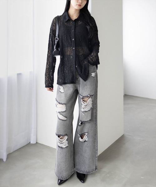 CLEAR BASIC（クリアベーシック）の「レース長袖オーバーシャツ[着心地抜群 レース 大人 モード]≪SS新作≫（シャツ/ブラウス・レディース・ブラック/オフホワイト・F）」の15枚目の写真