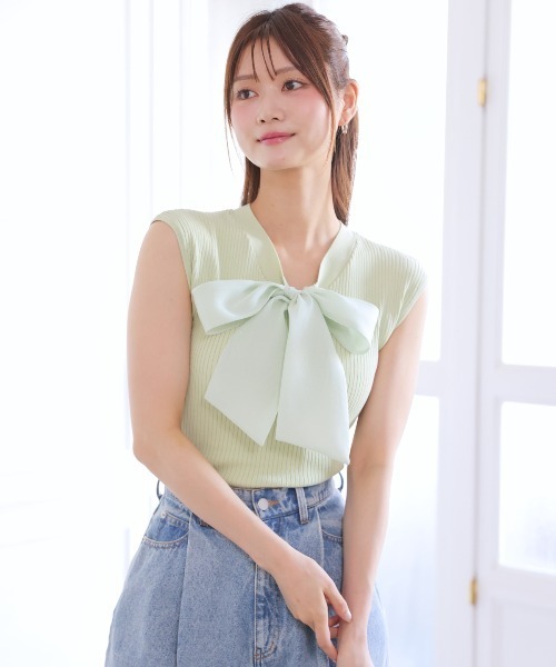 AND COUTURE(アンドクチュール)の「リボンフレンチスリーブプルオーバー(Tシャツ/カットソー・レディース・オフホワイト/ブラック/ピンク/ミント・FREE)」の12枚目の写真