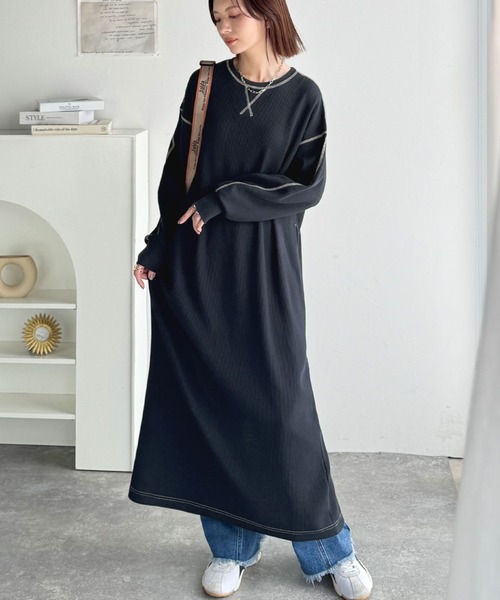 Java(ジャバ)の「【9月上旬再入荷!予約受付中】《JaVaジャバコラボ》後姿が可愛い◎配色ステッチワッフルロングワンピース(長袖)(ワンピース・レディース・ネイビー/モカ/ブラック/ブラウン・X-LARGE/SMALL/MEDIUM/LARGE)」の11枚目の写真