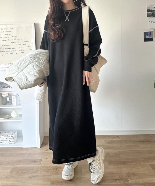 Java(ジャバ)の「【9月上旬再入荷!予約受付中】《JaVaジャバコラボ》後姿が可愛い◎配色ステッチワッフルロングワンピース(長袖)(ワンピース・レディース・ネイビー/モカ/ブラック/ブラウン・X-LARGE/SMALL/MEDIUM/LARGE)」の18枚目の写真