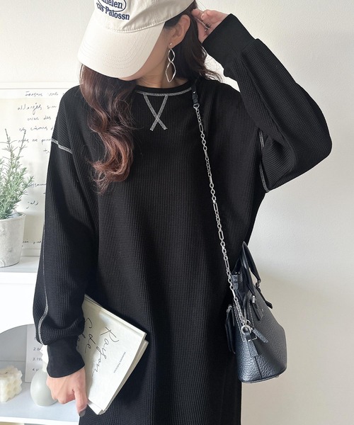 Java(ジャバ)の「【9月上旬再入荷!予約受付中】《JaVaジャバコラボ》後姿が可愛い◎配色ステッチワッフルロングワンピース(長袖)(ワンピース・レディース・ネイビー/モカ/ブラック/ブラウン・X-LARGE/SMALL/MEDIUM/LARGE)」の13枚目の写真