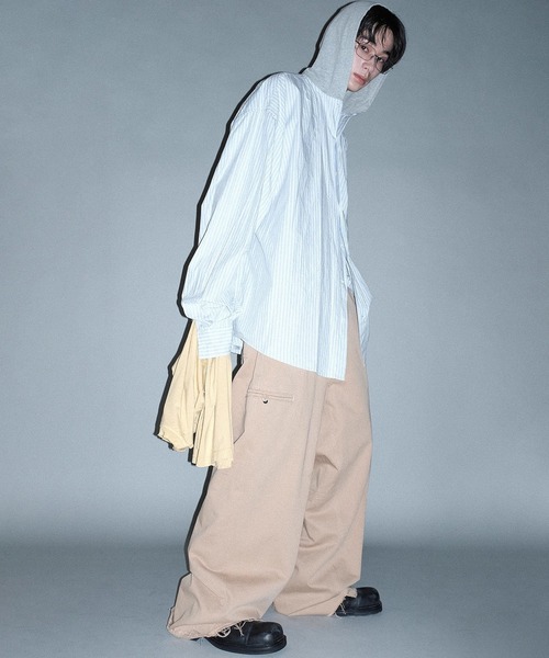 MASONPRINCE（メイソンプリンス）の「オーバーサイズ フード付き ストライプシャツ CS2177【MASONPRINCE】（シャツ/ブラウス・メンズ・ライトブルー・L/M/S）」の2枚目の写真