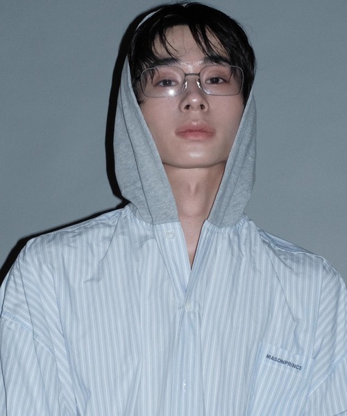 MASONPRINCE（メイソンプリンス）の「オーバーサイズ フード付き ストライプシャツ CS2177【MASONPRINCE】（シャツ/ブラウス・メンズ・ライトブルー・L/M/S）」の3枚目の写真