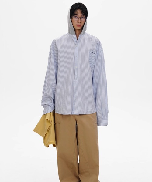 MASONPRINCE（メイソンプリンス）の「オーバーサイズ フード付き ストライプシャツ CS2177【MASONPRINCE】（シャツ/ブラウス・メンズ・ライトブルー・L/M/S）」の5枚目の写真