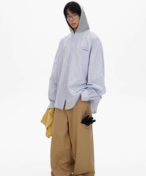 MASONPRINCE（メイソンプリンス）の「オーバーサイズ フード付き ストライプシャツ CS2177【MASONPRINCE】（シャツ/ブラウス・メンズ・ライトブルー・L/M/S）」の6枚目の写真