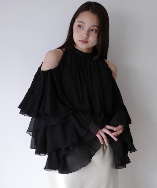 セール】ラッフルトップス フリル ブラウス 長袖 オフショルダー